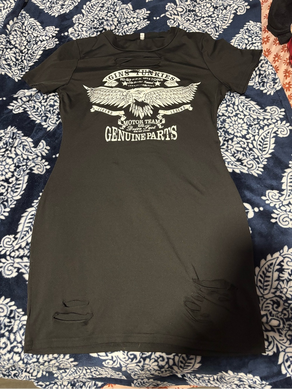 Black Graphic Tee Dress with Winged 'Genuine Parts' Print